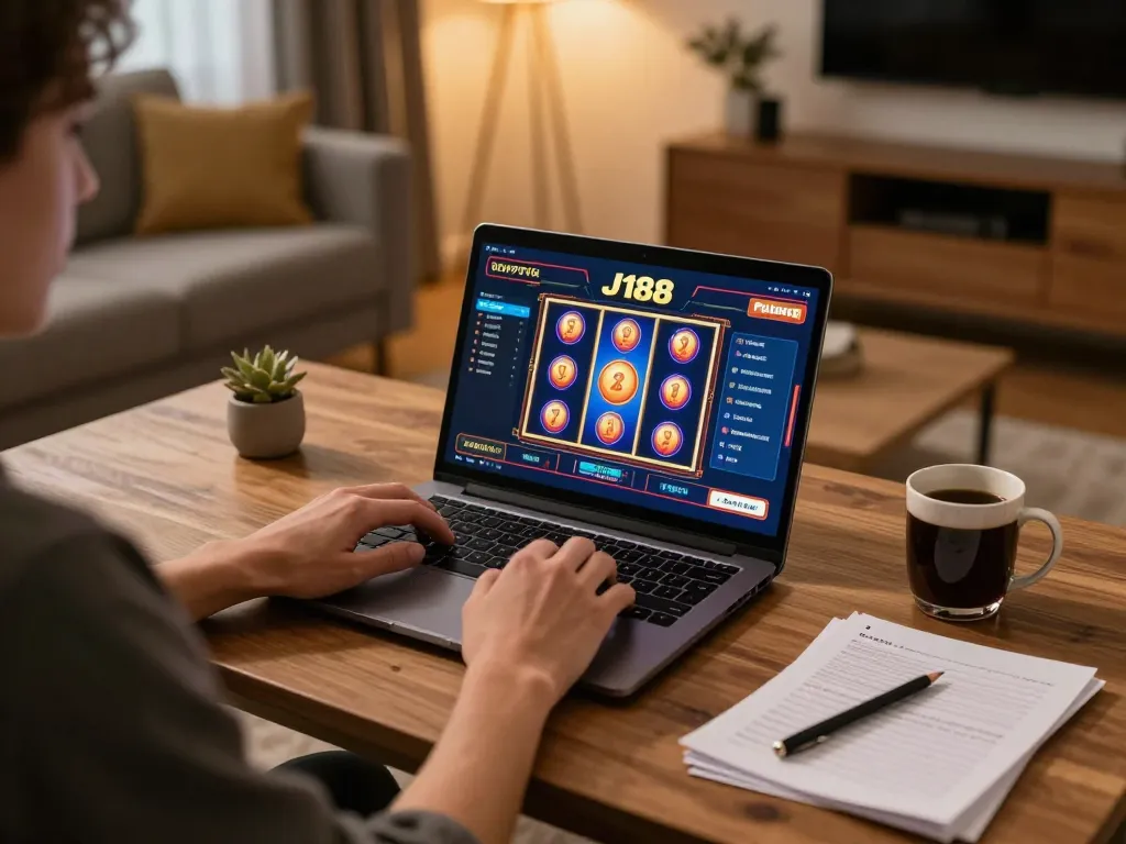 J188 user enjoying an online casino gaming session on a laptop, highlighting an engaging and strategic betting environment.