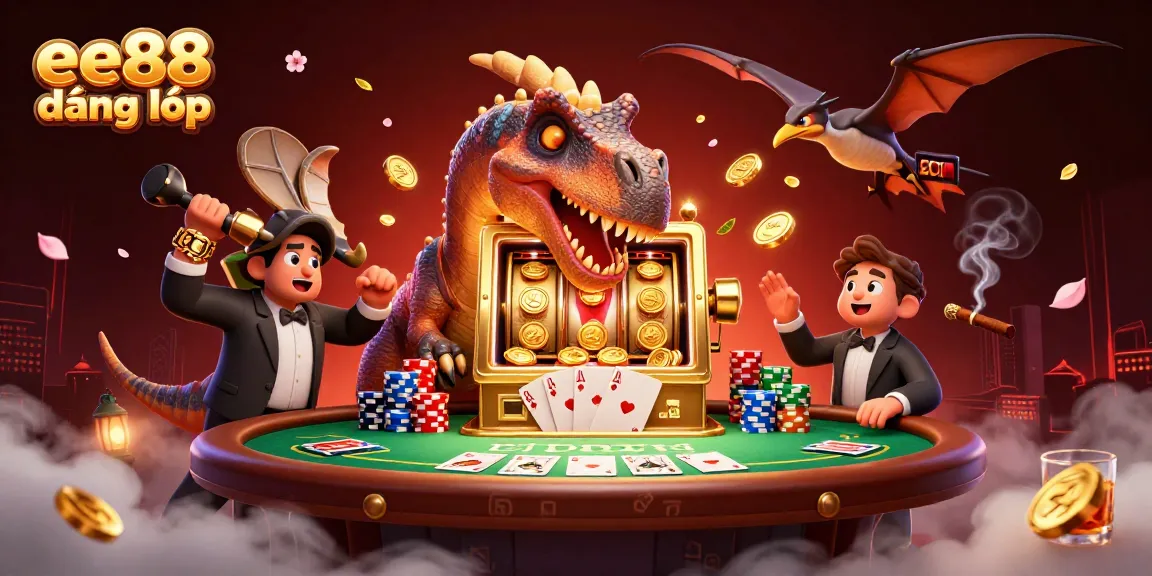 ee88 đăng nhập displays a playful illustration of a dinosaur at a casino, capturing jackpot excitement