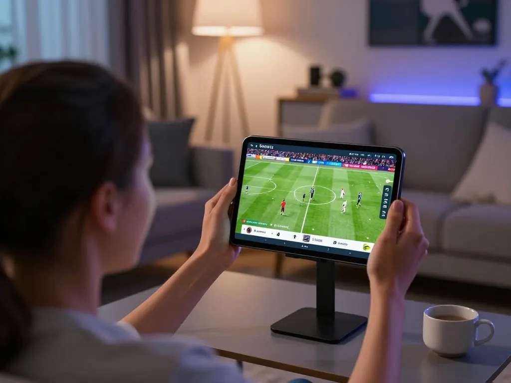 Socolive user enjoying live sports streaming on smartphone in a lively home setting