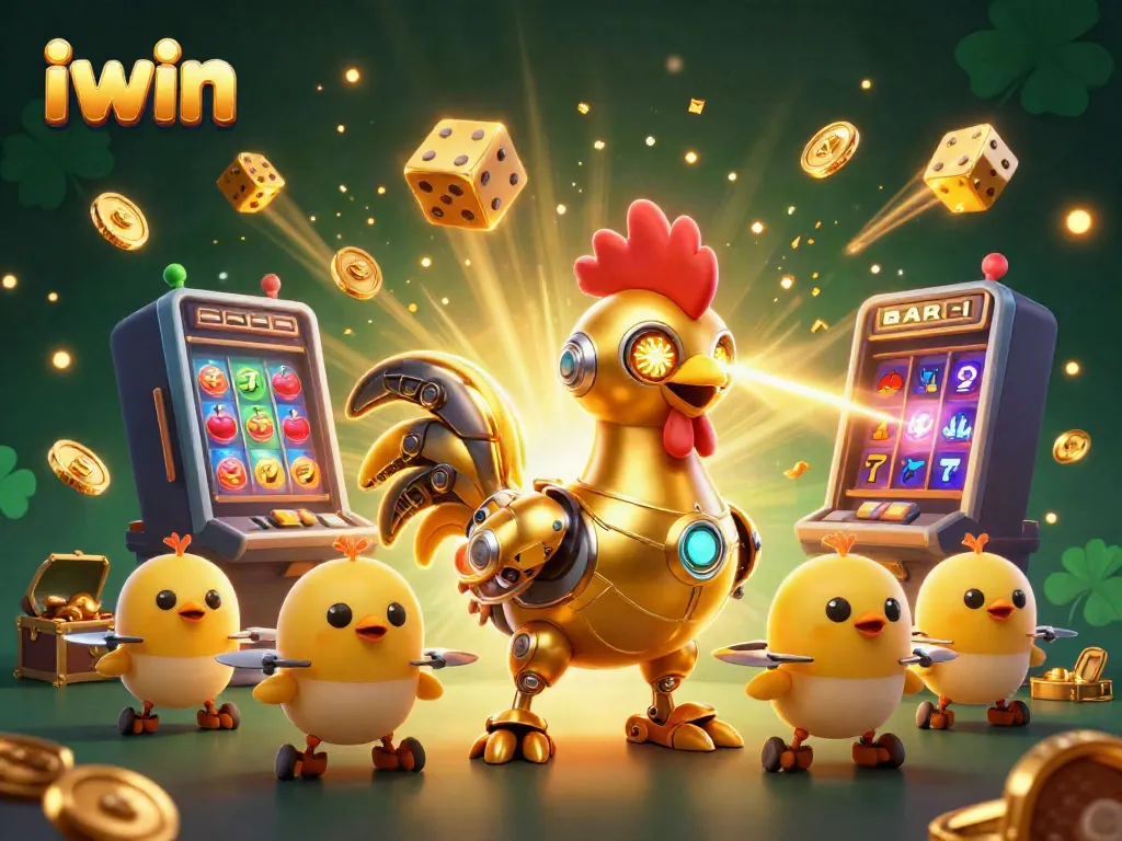 Engage with iwin, featuring a dynamic scene with a golden rooster robot and slot machine excitement.