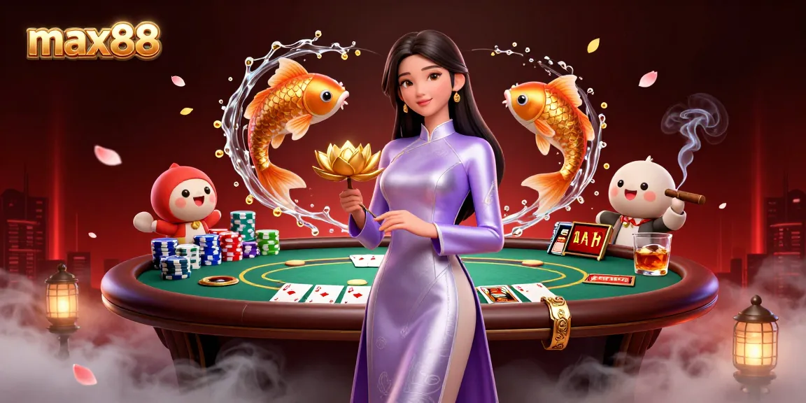 Engage with max88's vibrant casino scene featuring an elegant Asian woman and golden koi fish in action.