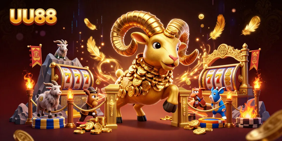 UU88 showcases thrilling slot game action with golden ram amidst swirling gold coins.