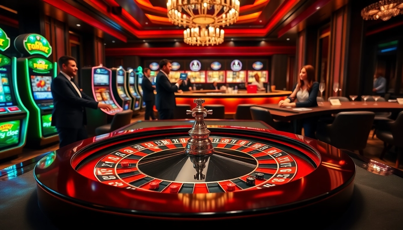 Players enjoying a thrilling game at the F8Bet roulette table in a luxurious casino atmosphere.