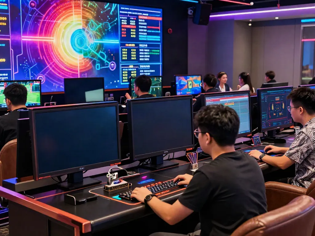 Exciting FC88 gaming atmosphere with diverse players enjoying live casino and sports betting.