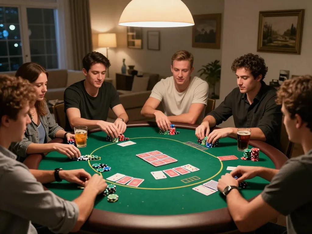 Friends enjoying a poker night with strategic VK88 gameplay and colorful chips on a green felt table.