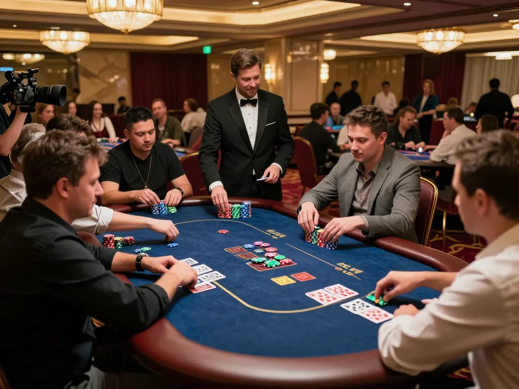 Sky88 players engaged in an intense poker game at a luxurious casino table with vibrant atmosphere