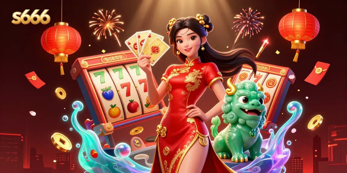 Experience thrilling gaming with s666 in this vibrant 3D casino scene, featuring spinning slots and lucky symbols.
