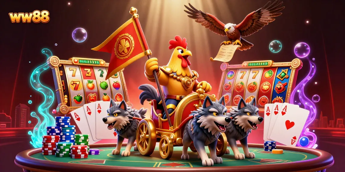 Experience thrilling gameplay at ww88 with a vibrant scene showing casino elements and a rooster warlord.