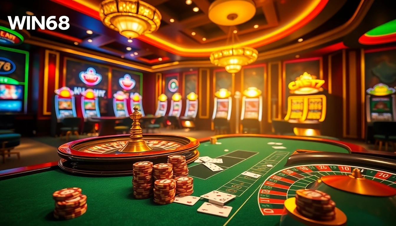 WIN678 online casino scene featuring luxurious tables, colorful slot machines, and poker cards representing exciting gambling.