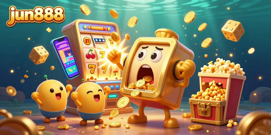 Experience the exciting jackpot moment with jun888's animated golden slot machine bursting with coins and colorful game elements.