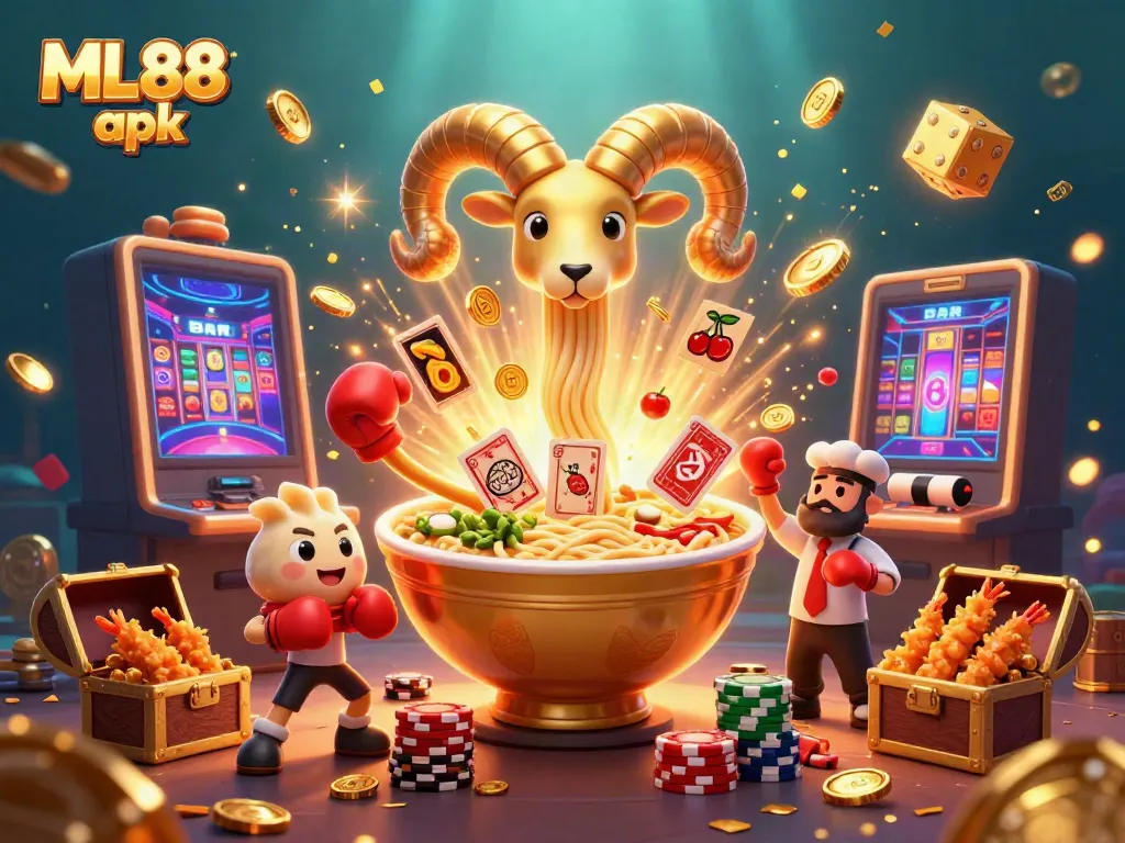 Experience the excitement of ML88 apk with a colorful illustration showcasing a giant ramen bowl dealer amidst a vibrant casino scene.