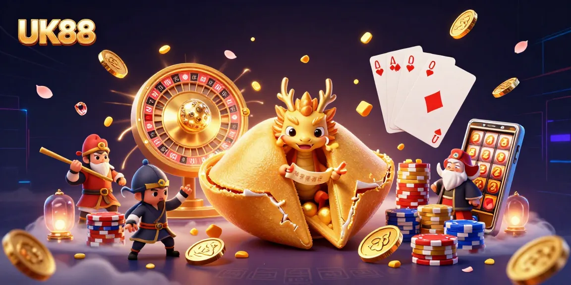 Engage in thrilling betting action at UK88 with vibrant 3D casino elements showcasing golden symbols and characters.