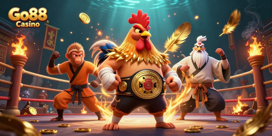 Engage in thrilling action at Go88 Casino with animated characters and vibrant gambling elements.