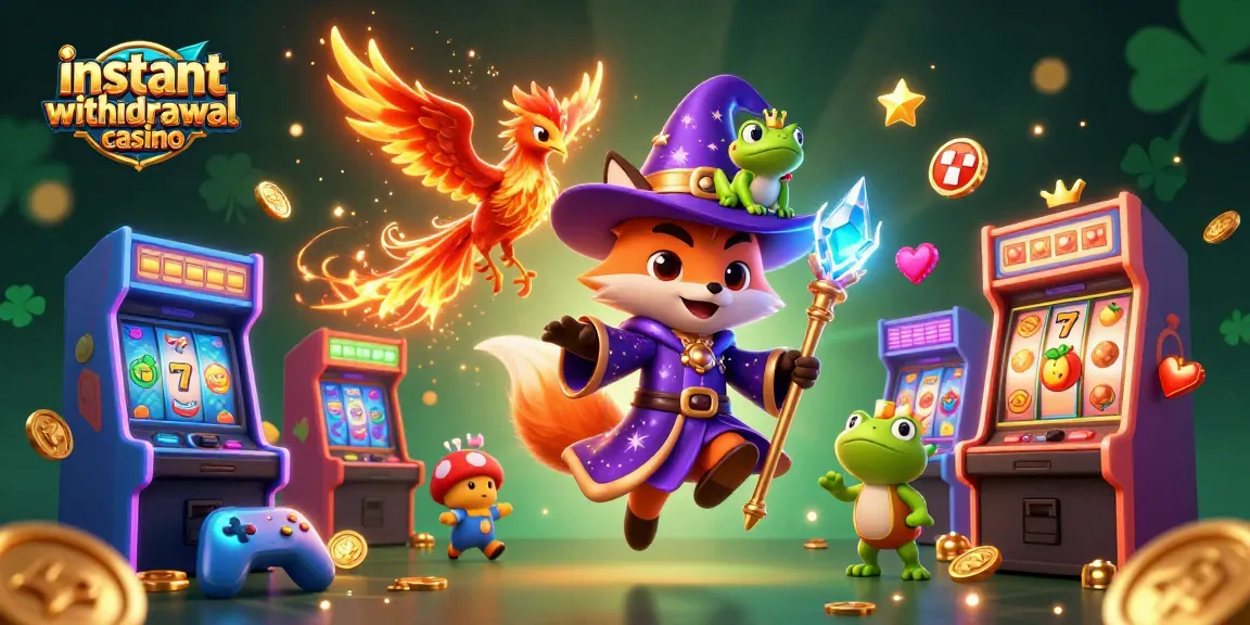 Play at an instant withdrawal casino with a wizard fox, phoenix, and vibrant slot graphics.