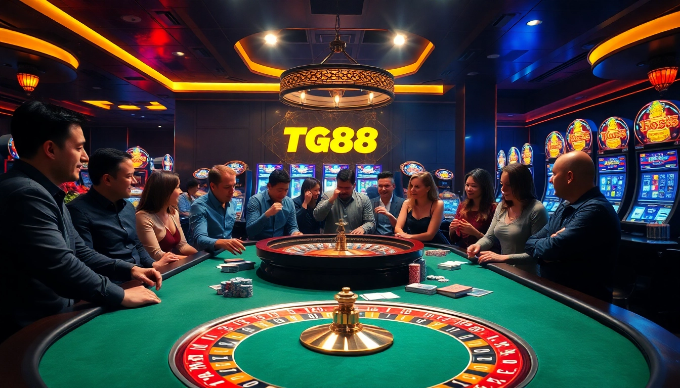 Players enjoying a thrilling game at tg88 casino's poker table, set in a luxurious environment.