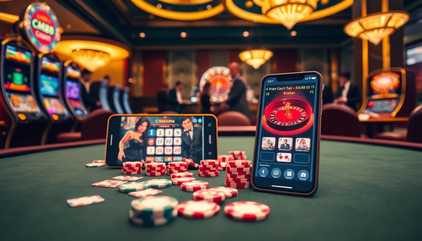 Experience seamless gambling with cm88 tải app on a luxurious casino table full of poker chips.