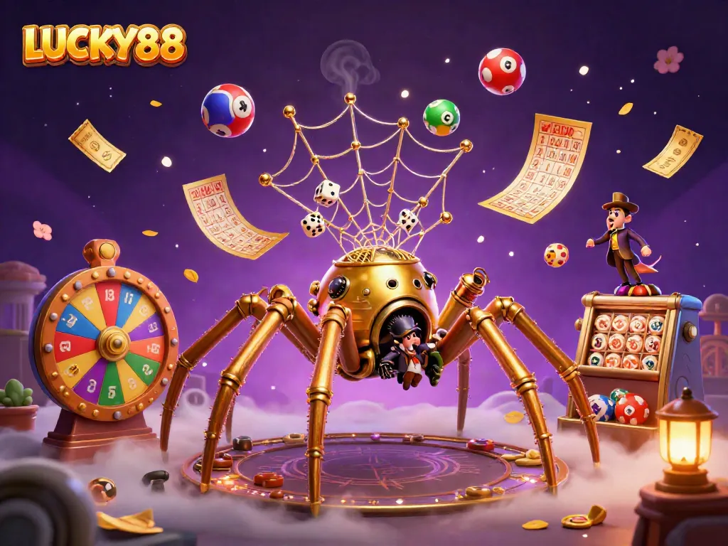 Catch the excitement of LUCKY88 with a vibrant illustration of a golden spider and lively casino elements.