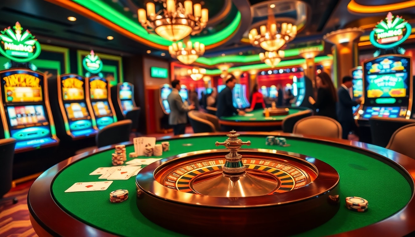 Gambler placing bets at a luxurious casino table with mint88-themed decor, chips, and cards.