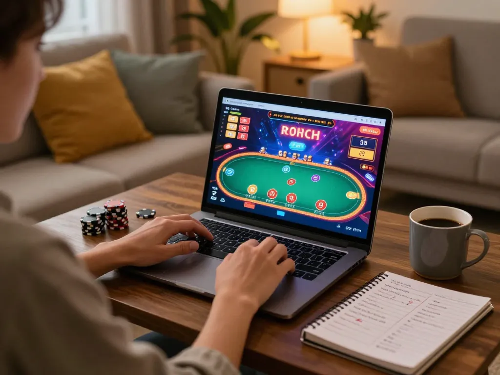 Player engaged in an exciting online cm88 poker game, highlighting a cozy home gaming setup.