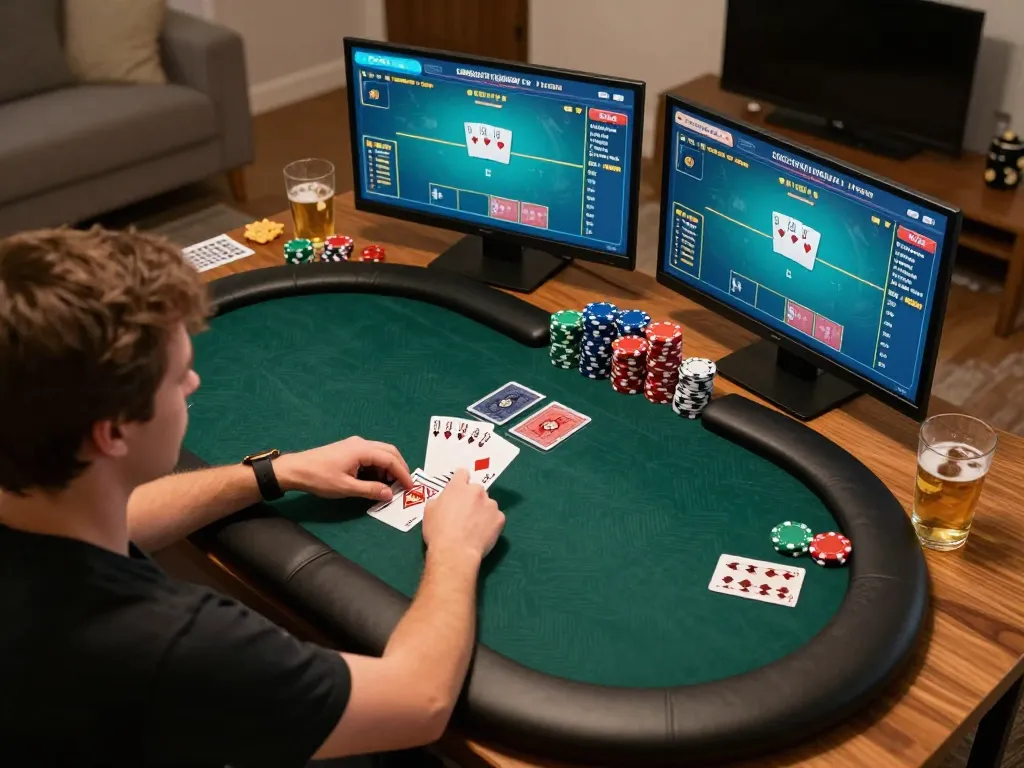 NK88 online poker gameplay with player managing bets and strategy in a competitive home setting.