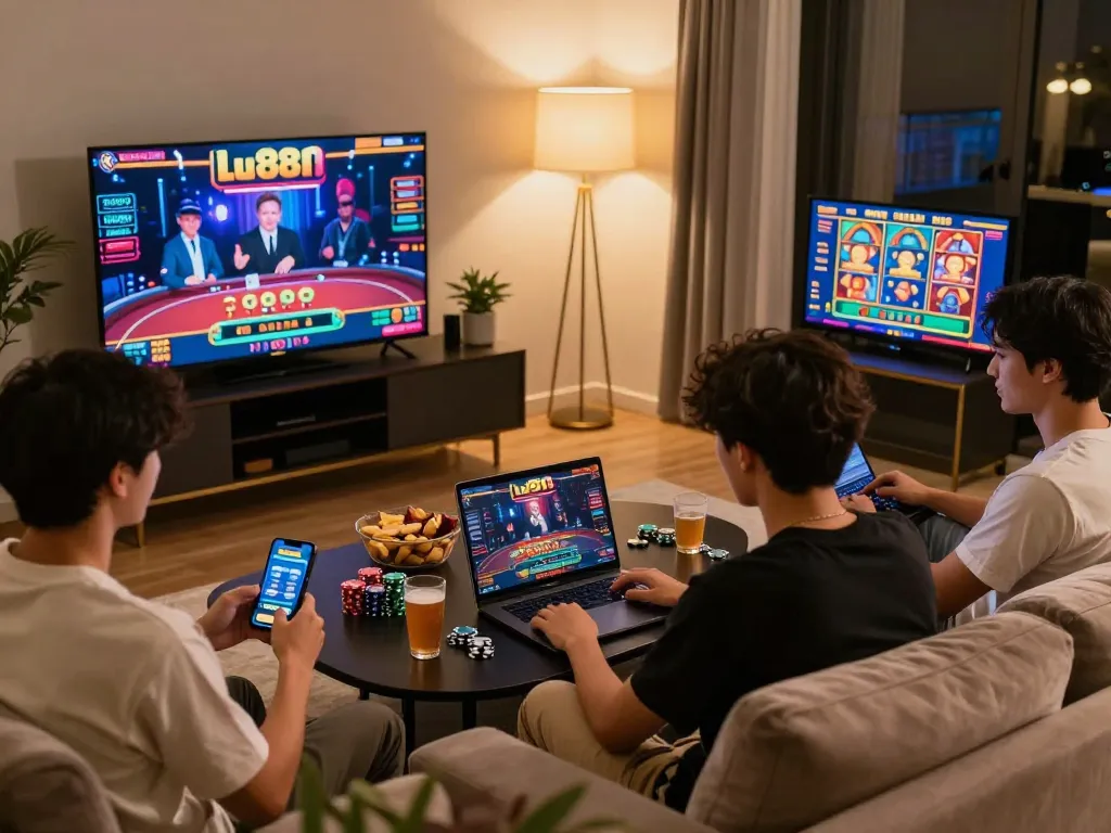 Engaging with the lu88 online casino platform from a stylish home setup showcasing live dealer games.