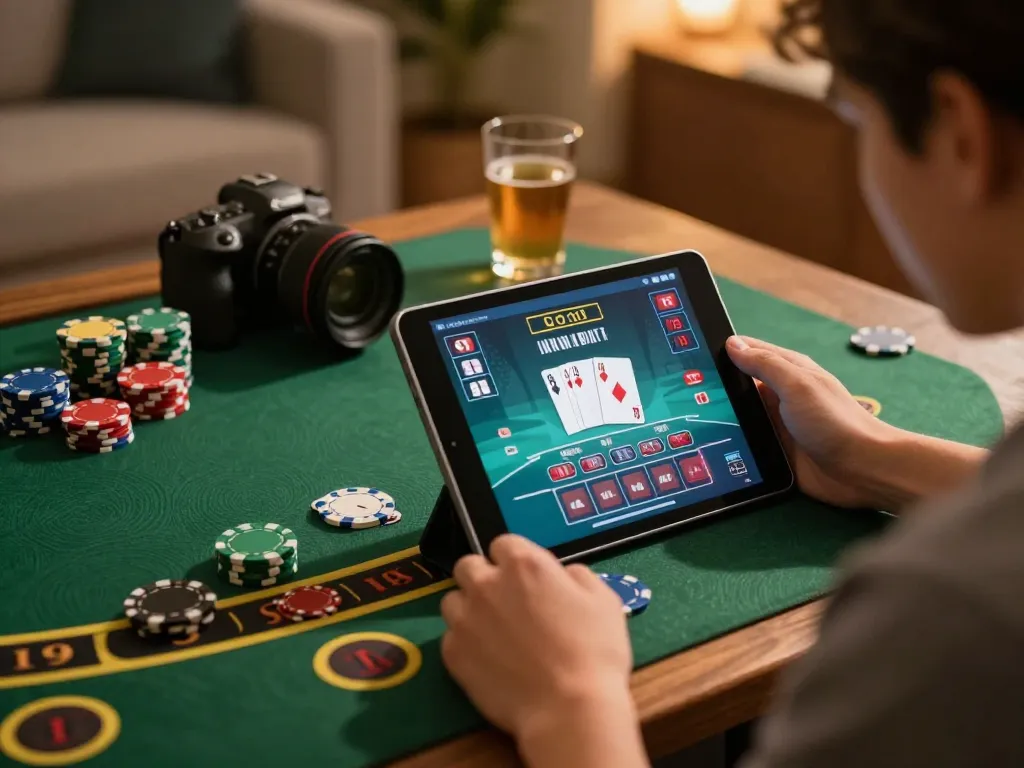 Taya777 player enjoying live blackjack game on a tablet in cozy home setting.