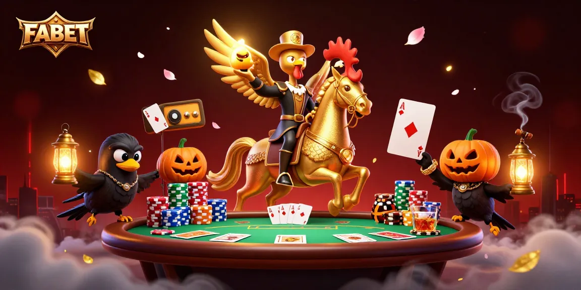 Engage with FABET's dazzling casino fantasy featuring a golden rooster amidst rich poker elements.