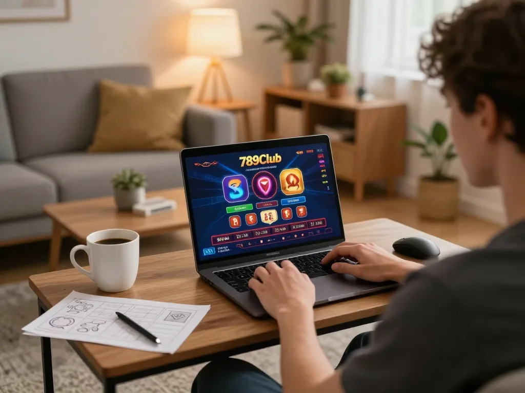 Player enjoying online games at 789Club on a laptop in a cozy home environment.