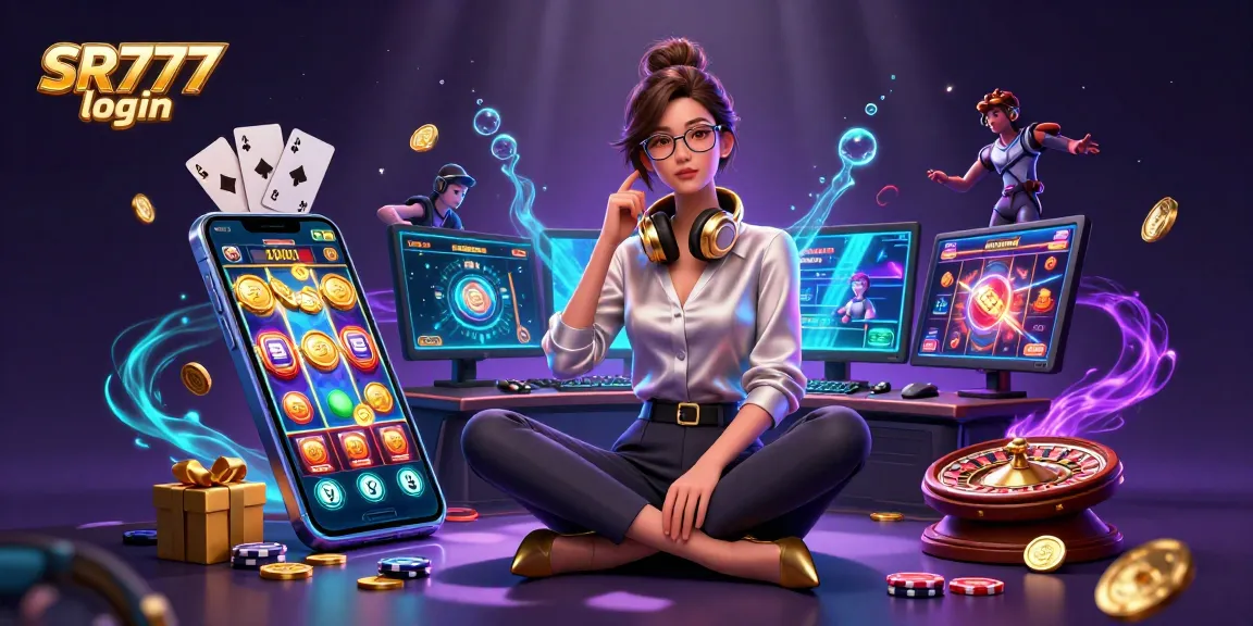 Berinteraksi dengan login SR777, menampilkan seorang gamer profesional di pengaturan kasino yang canggih.