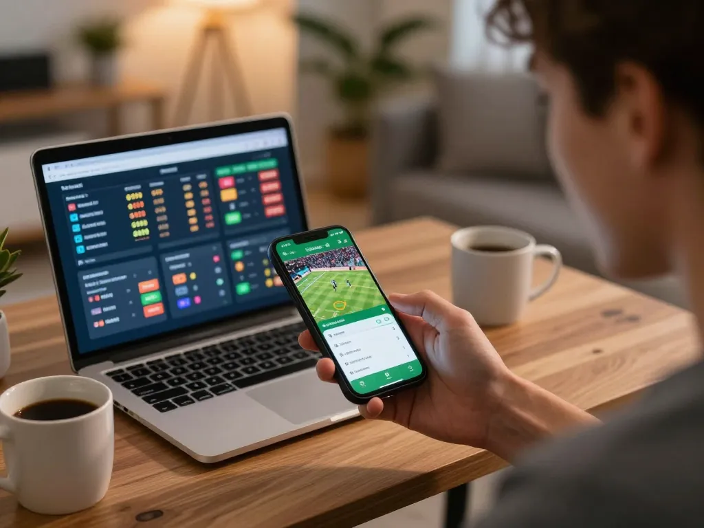 Excited user engages in sports betting on BL555 mobile app at home.