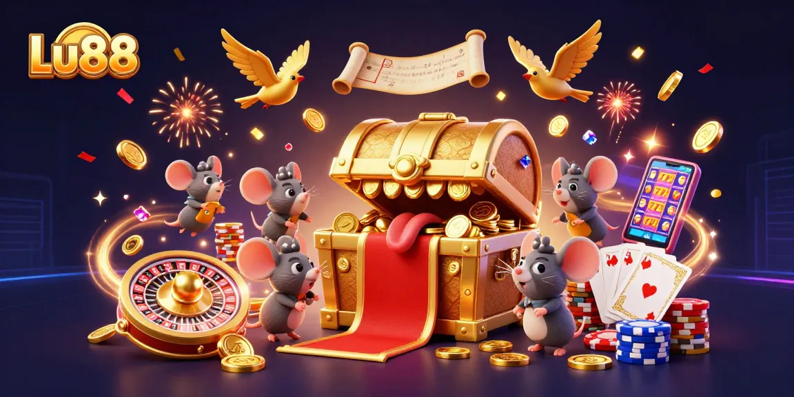 Experience the thrill of Lu88 with a colorful 3D casino scene featuring treasure, coins, and exciting gameplay.