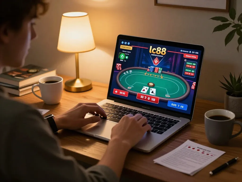 Player enjoying an online gambling session at home, engaging with the lc88 casino platform.