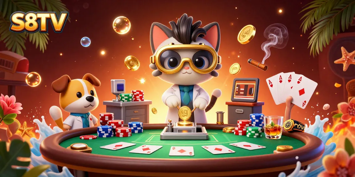 Watch thrilling gambling moments with S8TV's vibrant 3D scene showcasing poker excitement.