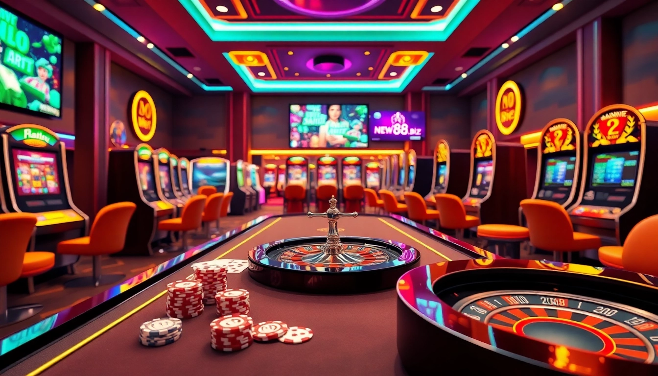 Engage with new88.biz through an exciting casino scene featuring poker chips, cards, and slot machines.