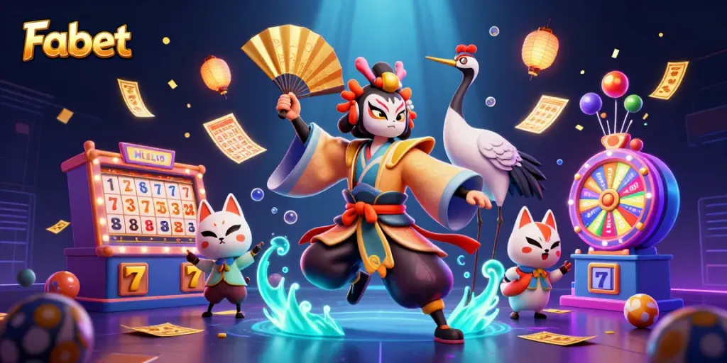 Experience Fabet's exciting slot reels and gaming elements in a vibrant 3D casino scene.
