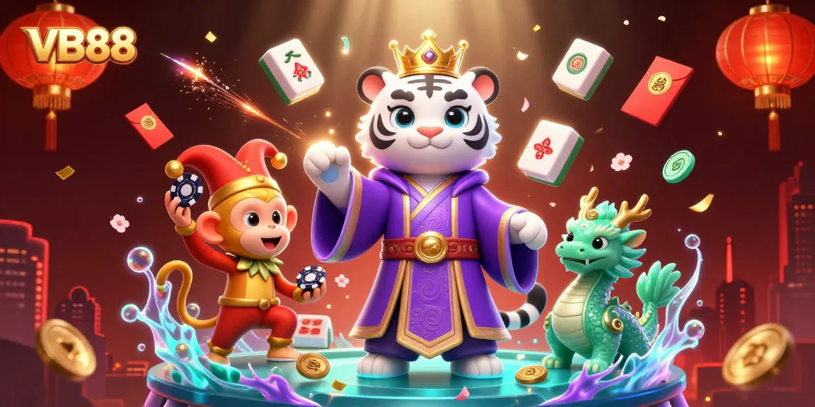 Experience VB88's vibrant casino atmosphere with a lively illustration showcasing games and joyous characters.