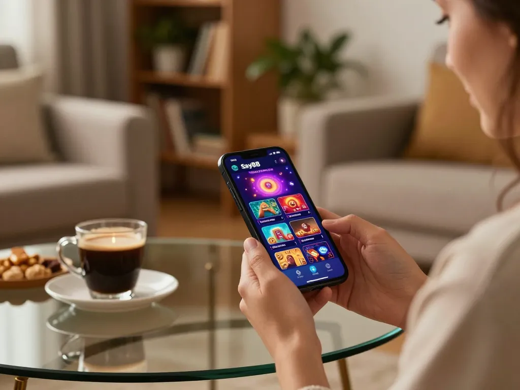 Engaging with the App Say88 on a smartphone in a cozy setting, displaying casino options.