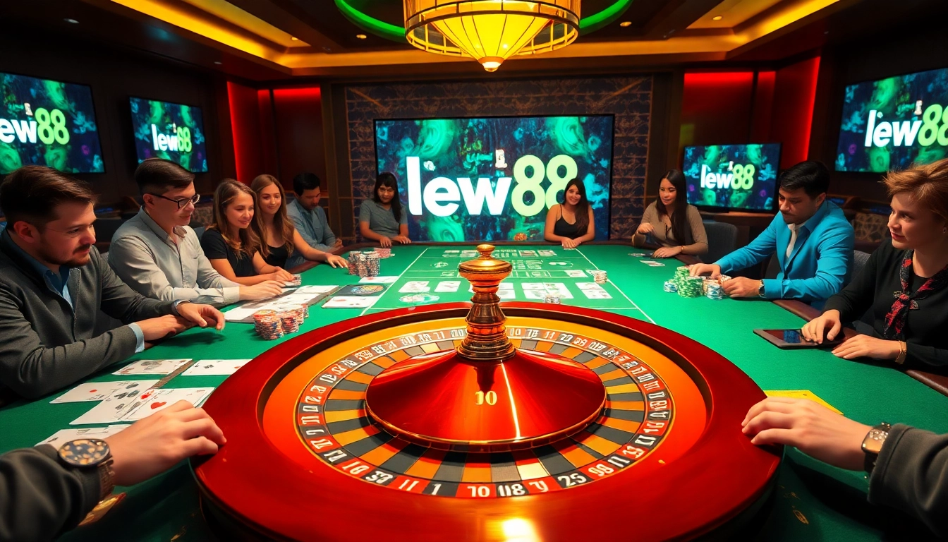 Engage with link new88 at a lively casino table filled with chips and cards.