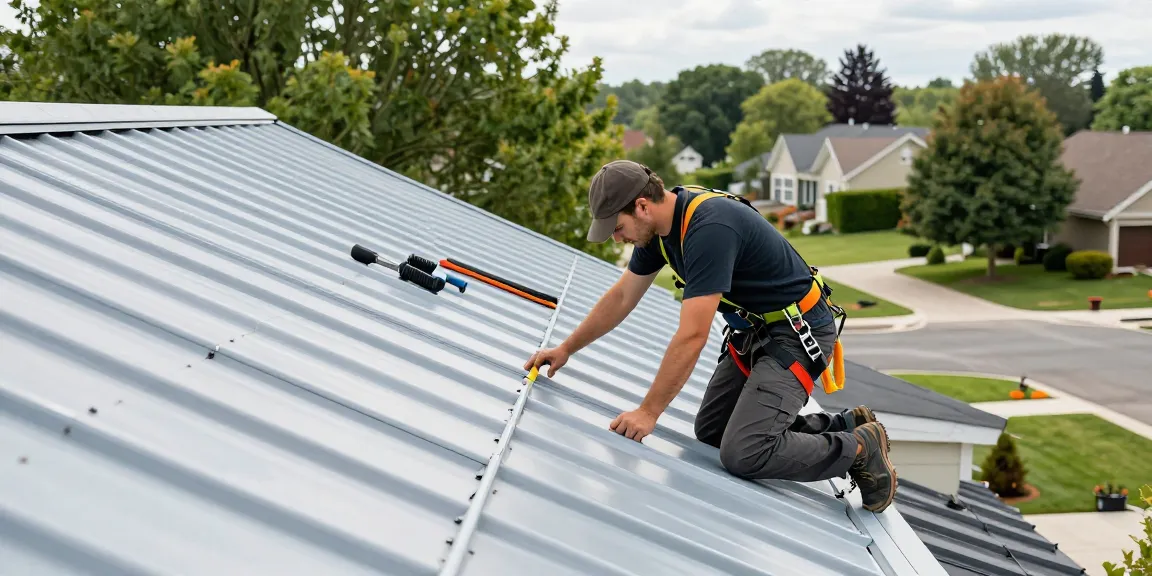 Metal roof installation projects showcasing skilled contractor aligning standing seam panels on a sunny day.