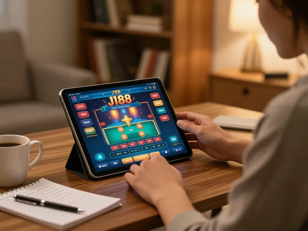 Gambler engaging with the J188 app for online casino gaming, planning strategies.