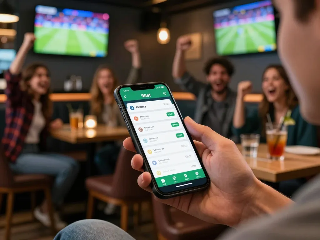 Using the App 9bet on a smartphone with vibrant sports bar atmosphere, showcasing live betting excitement.