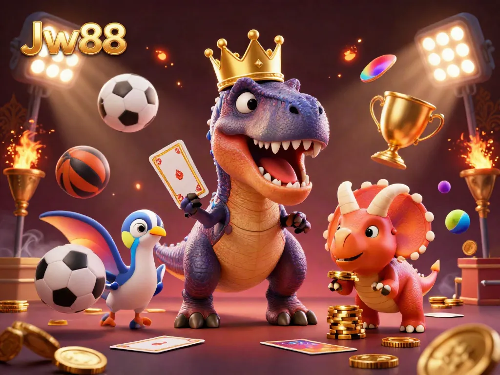 Jw88 showcases a vibrant 3D illustration featuring a T-Rex and triceratops in a casino setting.