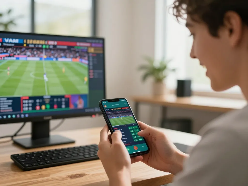 Engaging sports betting moment with CO88 app in action, showcasing strategic betting decisions and live sports excitement