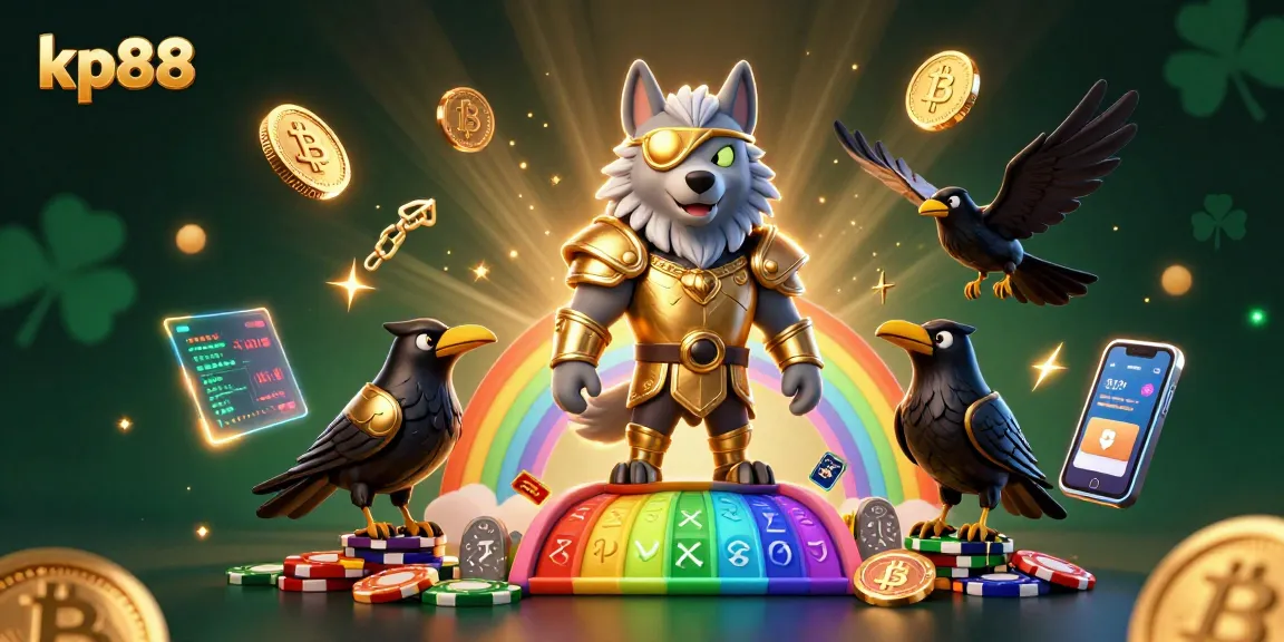 Engage with kp88's exclusive gaming experience surrounded by mythical elements and crypto-themed art.