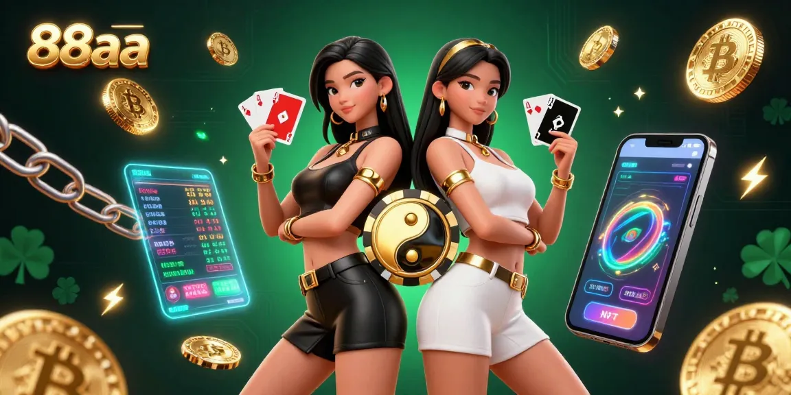 Play exciting games with 88aa, featuring twin Asian women with playing cards in a vibrant casino setup.