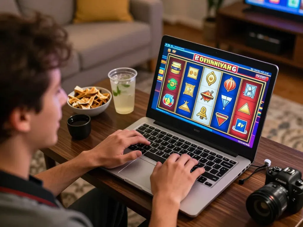 Engaging online gaming with 3BET slot games on laptop celebrating a winning moment.