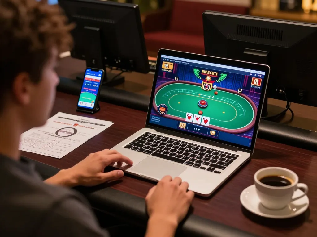 88VV player using laptop for online poker while managing bankroll and strategies.