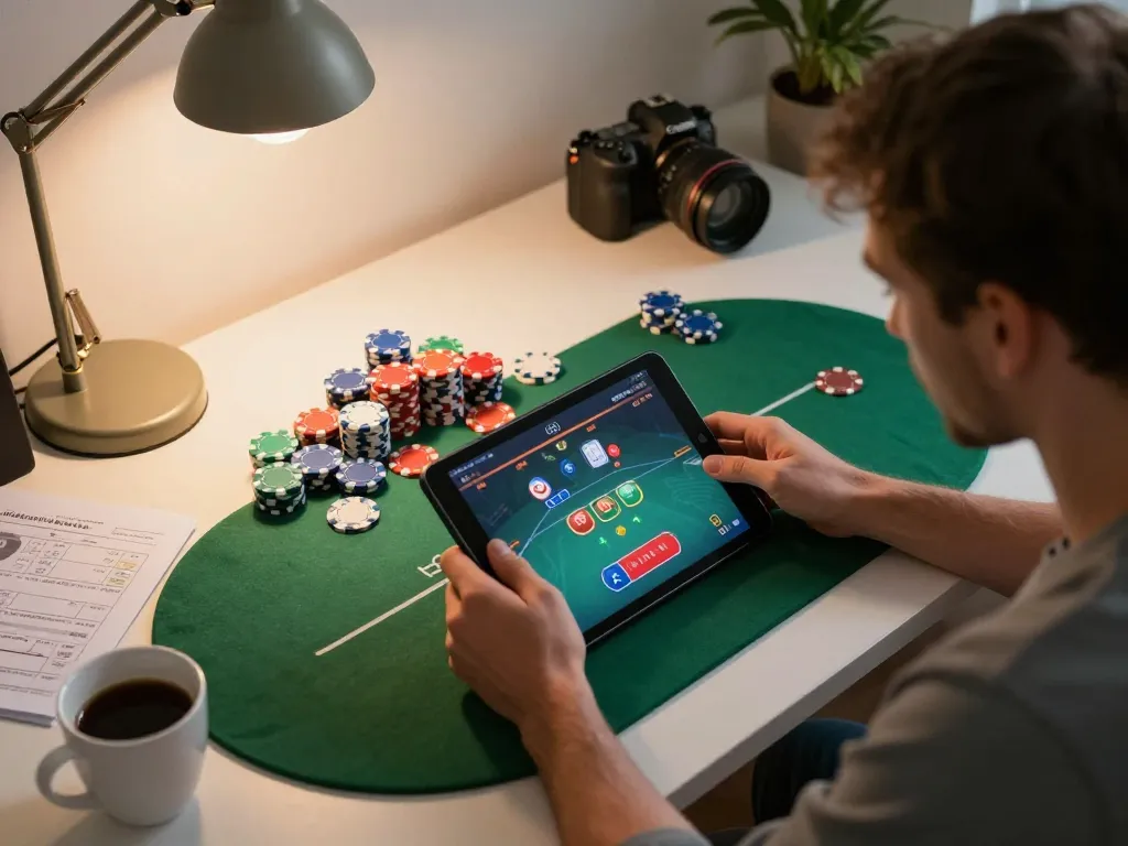 Lu88 poker game engagement on a tablet in a cozy home office setting.