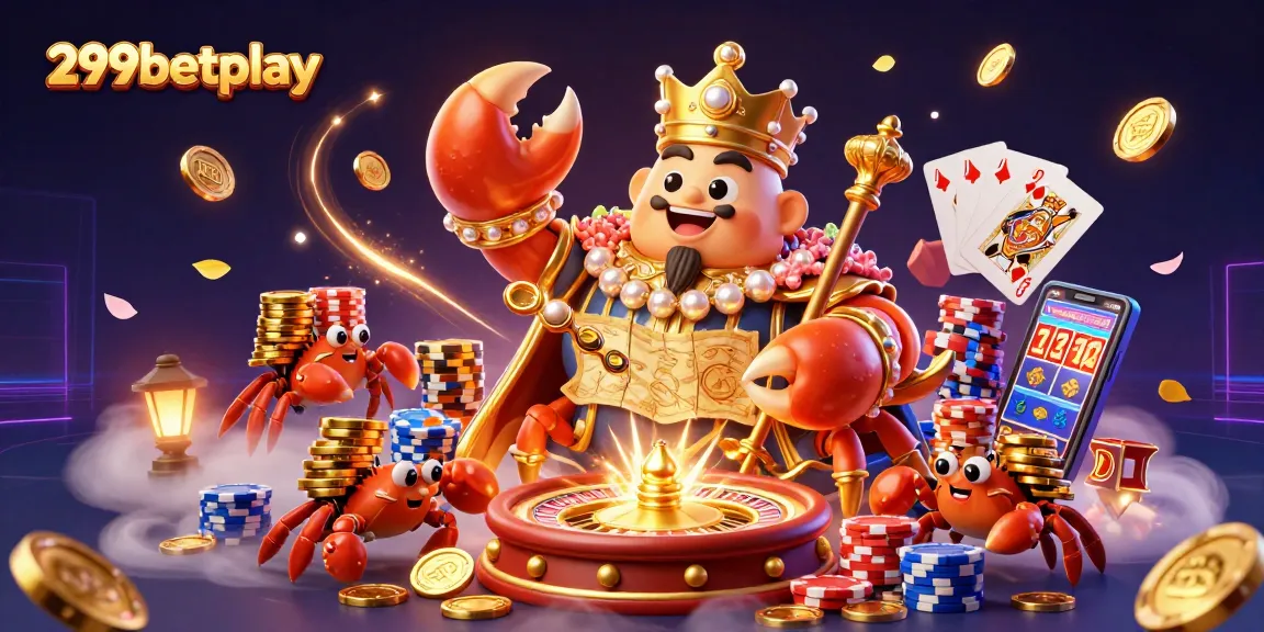 Engage in thrilling gameplay with 299betplay, showcasing a dynamic scene of a golden crab emperor and casino elements.