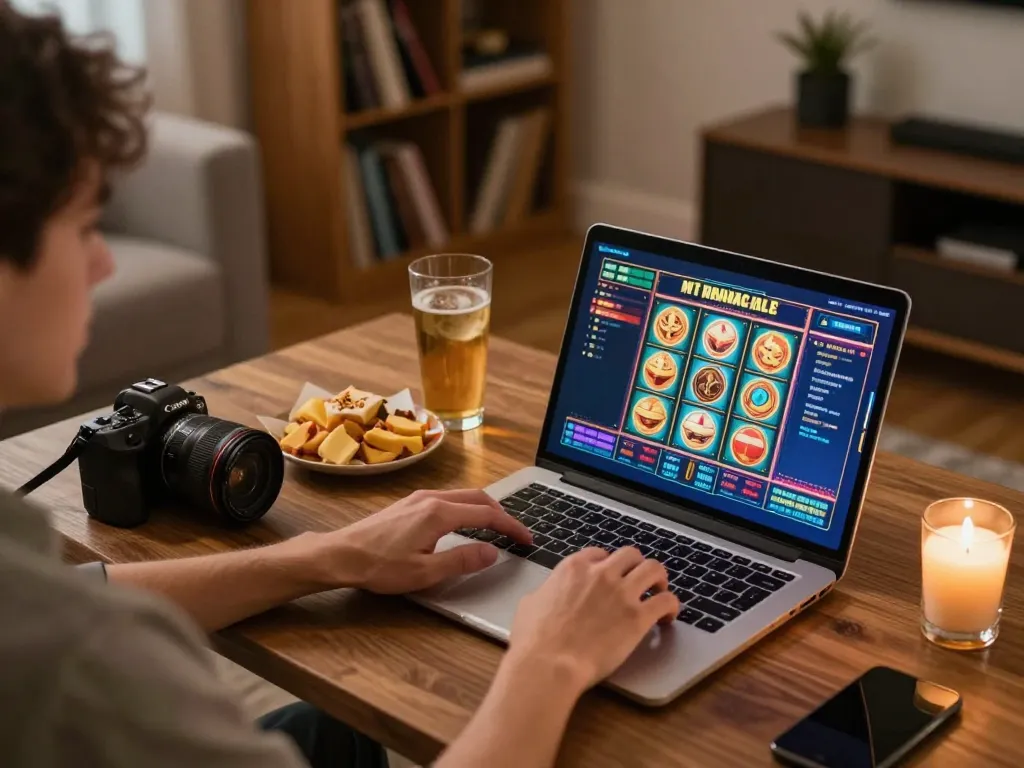 Player enjoying slot games at home, exploring u88 online casino on laptop with snacks nearby.